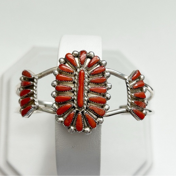 Vintage Milburn Dishta Red Coral Needlepoint Cluster Sterling Silver Cuff - Picture 3 of 11